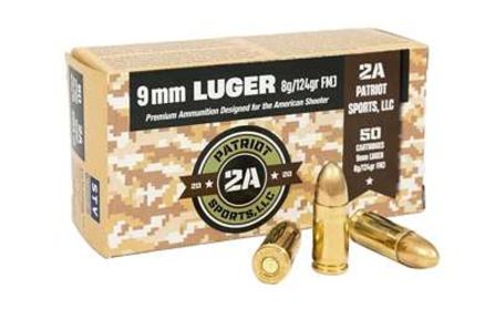 2A Patriot Sports 9mm Luger Ammunition P9MM124FMJ 124 Grain Full Metal Jacket 50 Rounds