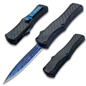 OTF Damascus Pattern Blue Blade Double Edge Carbon Fiber Handle