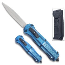 Spear Point OTF Knife Out The Front 7" Overall Blue Handle