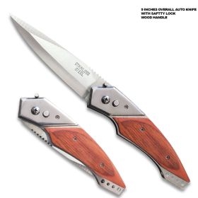 Auto Push Button 9 Inches Wood Handle Pocket Knife w/ Sheath