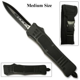 Black OTF Knife Spear Point, Double Edged Blade